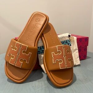 Tory Burch Double T Sport Slide in Aged Camelo with Gold, 6.5, NWT